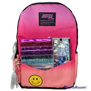 NEW Justice Ombre Hot Pink Purple Backpack w/2 Removable Glitter Zip Pouches